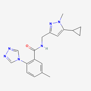 molecular formula C18H20N6O B7292490 N-[(5-cyclopropyl-1-methylpyrazol-3-yl)methyl]-5-methyl-2-(1,2,4-triazol-4-yl)benzamide 