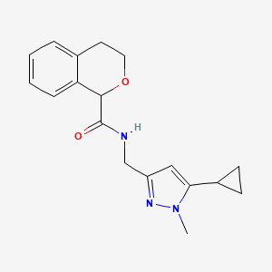 molecular formula C18H21N3O2 B7292492 N-[(5-cyclopropyl-1-methylpyrazol-3-yl)methyl]-3,4-dihydro-1H-isochromene-1-carboxamide 
