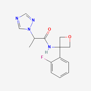 molecular formula C14H15FN4O2 B7293516 N-[3-(2-fluorophenyl)oxetan-3-yl]-2-(1,2,4-triazol-1-yl)propanamide 