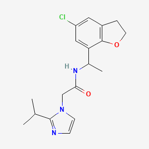 molecular formula C18H22ClN3O2 B7293582 N-[1-(5-chloro-2,3-dihydro-1-benzofuran-7-yl)ethyl]-2-(2-propan-2-ylimidazol-1-yl)acetamide 