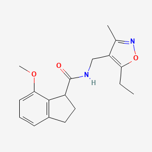 molecular formula C18H22N2O3 B7293601 N-[(5-ethyl-3-methyl-1,2-oxazol-4-yl)methyl]-7-methoxy-2,3-dihydro-1H-indene-1-carboxamide 