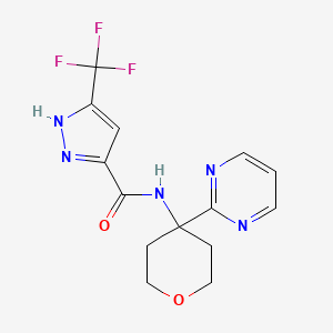 molecular formula C14H14F3N5O2 B7294137 N-(4-pyrimidin-2-yloxan-4-yl)-5-(trifluoromethyl)-1H-pyrazole-3-carboxamide 