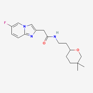 molecular formula C18H24FN3O2 B7294418 N-[2-(5,5-dimethyloxan-2-yl)ethyl]-2-(6-fluoroimidazo[1,2-a]pyridin-2-yl)acetamide 