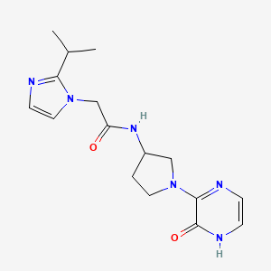 molecular formula C16H22N6O2 B7295220 N-[1-(2-oxo-1H-pyrazin-3-yl)pyrrolidin-3-yl]-2-(2-propan-2-ylimidazol-1-yl)acetamide 