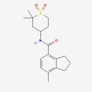 molecular formula C18H25NO3S B7295378 N-(2,2-dimethyl-1,1-dioxothian-4-yl)-7-methyl-2,3-dihydro-1H-indene-4-carboxamide 