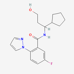 molecular formula C18H22FN3O2 B7296010 N-(1-cyclopentyl-3-hydroxypropyl)-5-fluoro-2-pyrazol-1-ylbenzamide 