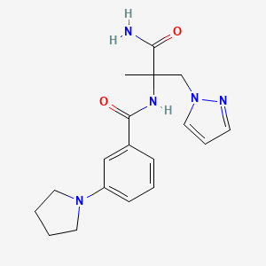 molecular formula C18H23N5O2 B7296288 N-(1-amino-2-methyl-1-oxo-3-pyrazol-1-ylpropan-2-yl)-3-pyrrolidin-1-ylbenzamide 