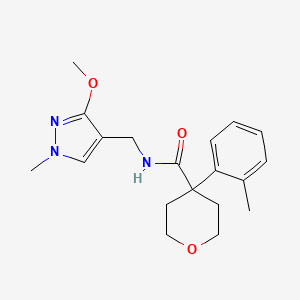 molecular formula C19H25N3O3 B7296575 N-[(3-methoxy-1-methylpyrazol-4-yl)methyl]-4-(2-methylphenyl)oxane-4-carboxamide 