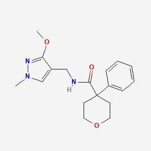 molecular formula C18H23N3O3 B7296592 N-[(3-methoxy-1-methylpyrazol-4-yl)methyl]-4-phenyloxane-4-carboxamide 