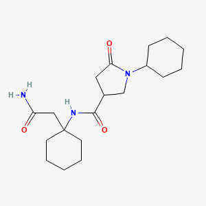 molecular formula C19H31N3O3 B7297908 N-[1-(2-amino-2-oxoethyl)cyclohexyl]-1-cyclohexyl-5-oxopyrrolidine-3-carboxamide 