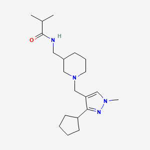 molecular formula C20H34N4O B7298366 N-[[1-[(3-cyclopentyl-1-methylpyrazol-4-yl)methyl]piperidin-3-yl]methyl]-2-methylpropanamide 