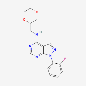 molecular formula C16H16FN5O2 B7298503 N-(1,4-dioxan-2-ylmethyl)-1-(2-fluorophenyl)pyrazolo[3,4-d]pyrimidin-4-amine 
