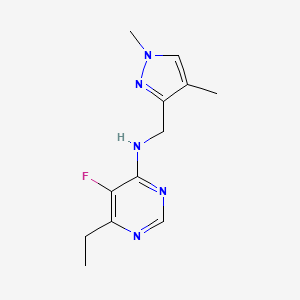 molecular formula C12H16FN5 B7305381 N-[(1,4-dimethylpyrazol-3-yl)methyl]-6-ethyl-5-fluoropyrimidin-4-amine 