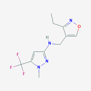 molecular formula C11H13F3N4O B7306661 N-[(3-ethyl-1,2-oxazol-4-yl)methyl]-1-methyl-5-(trifluoromethyl)pyrazol-3-amine 