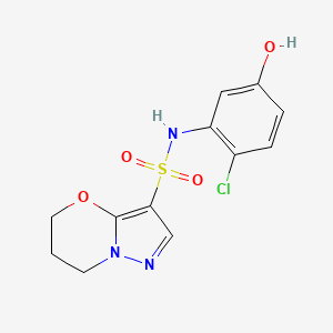 molecular formula C12H12ClN3O4S B7306907 N-(2-chloro-5-hydroxyphenyl)-6,7-dihydro-5H-pyrazolo[5,1-b][1,3]oxazine-3-sulfonamide 