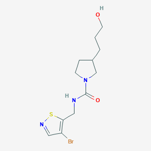 molecular formula C12H18BrN3O2S B7307066 N-[(4-bromo-1,2-thiazol-5-yl)methyl]-3-(3-hydroxypropyl)pyrrolidine-1-carboxamide 