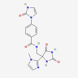 molecular formula C18H17N7O4 B7307426 N-[[4-(1-methylimidazol-2-yl)-2,5-dioxoimidazolidin-4-yl]methyl]-4-(2-oxo-1H-imidazol-3-yl)benzamide 