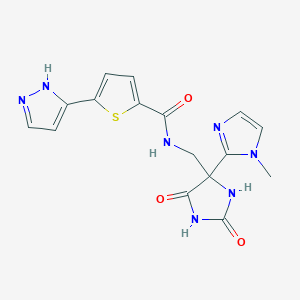 molecular formula C16H15N7O3S B7307481 N-[[4-(1-methylimidazol-2-yl)-2,5-dioxoimidazolidin-4-yl]methyl]-5-(1H-pyrazol-5-yl)thiophene-2-carboxamide 