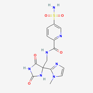 molecular formula C14H15N7O5S B7307521 N-[[4-(1-methylimidazol-2-yl)-2,5-dioxoimidazolidin-4-yl]methyl]-5-sulfamoylpyridine-2-carboxamide 