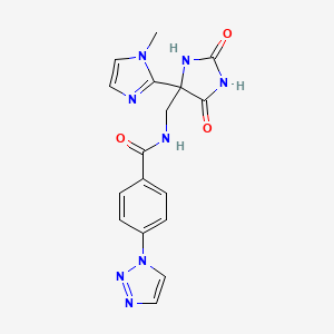 molecular formula C17H16N8O3 B7307524 N-[[4-(1-methylimidazol-2-yl)-2,5-dioxoimidazolidin-4-yl]methyl]-4-(triazol-1-yl)benzamide 