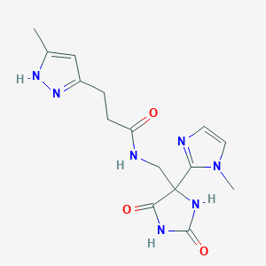 molecular formula C15H19N7O3 B7307553 N-[[4-(1-methylimidazol-2-yl)-2,5-dioxoimidazolidin-4-yl]methyl]-3-(5-methyl-1H-pyrazol-3-yl)propanamide 
