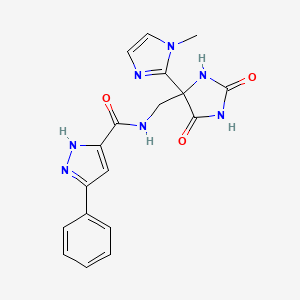 molecular formula C18H17N7O3 B7307554 N-[[4-(1-methylimidazol-2-yl)-2,5-dioxoimidazolidin-4-yl]methyl]-3-phenyl-1H-pyrazole-5-carboxamide 