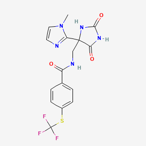 molecular formula C16H14F3N5O3S B7307617 N-[[4-(1-methylimidazol-2-yl)-2,5-dioxoimidazolidin-4-yl]methyl]-4-(trifluoromethylsulfanyl)benzamide 