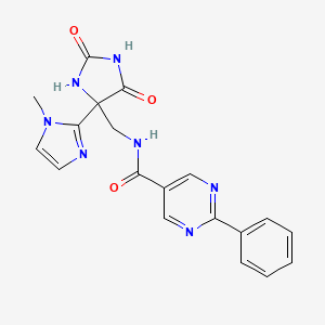 molecular formula C19H17N7O3 B7307657 N-[[4-(1-methylimidazol-2-yl)-2,5-dioxoimidazolidin-4-yl]methyl]-2-phenylpyrimidine-5-carboxamide 