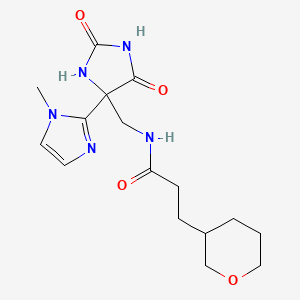 molecular formula C16H23N5O4 B7307732 N-[[4-(1-methylimidazol-2-yl)-2,5-dioxoimidazolidin-4-yl]methyl]-3-(oxan-3-yl)propanamide 