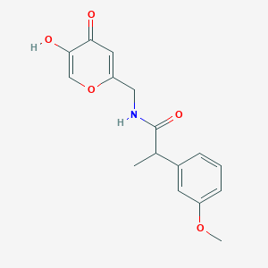 molecular formula C16H17NO5 B7307795 N-[(5-hydroxy-4-oxopyran-2-yl)methyl]-2-(3-methoxyphenyl)propanamide 