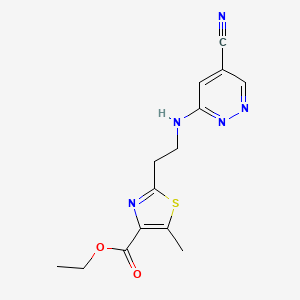 molecular formula C14H15N5O2S B7308708 Ethyl 2-[2-[(5-cyanopyridazin-3-yl)amino]ethyl]-5-methyl-1,3-thiazole-4-carboxylate 