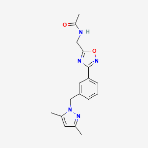 molecular formula C17H19N5O2 B7311449 N-[[3-[3-[(3,5-dimethylpyrazol-1-yl)methyl]phenyl]-1,2,4-oxadiazol-5-yl]methyl]acetamide 