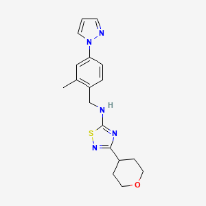 molecular formula C18H21N5OS B7312327 N-[(2-methyl-4-pyrazol-1-ylphenyl)methyl]-3-(oxan-4-yl)-1,2,4-thiadiazol-5-amine 