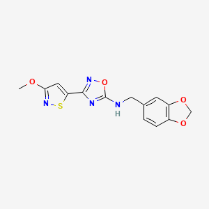 molecular formula C14H12N4O4S B7312575 N-(1,3-benzodioxol-5-ylmethyl)-3-(3-methoxy-1,2-thiazol-5-yl)-1,2,4-oxadiazol-5-amine 
