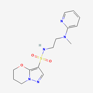 molecular formula C14H19N5O3S B7313103 N-[2-[methyl(pyridin-2-yl)amino]ethyl]-6,7-dihydro-5H-pyrazolo[5,1-b][1,3]oxazine-3-sulfonamide 