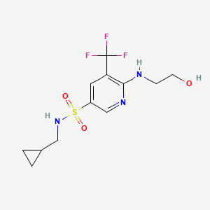 molecular formula C12H16F3N3O3S B7314777 N-(cyclopropylmethyl)-6-(2-hydroxyethylamino)-5-(trifluoromethyl)pyridine-3-sulfonamide 
