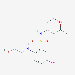 molecular formula C15H23FN2O4S B7314905 N-(2,6-dimethyloxan-4-yl)-5-fluoro-2-(2-hydroxyethylamino)benzenesulfonamide 