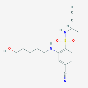 molecular formula C17H23N3O3S B7315122 N-but-3-yn-2-yl-4-cyano-2-[(5-hydroxy-3-methylpentyl)amino]benzenesulfonamide 