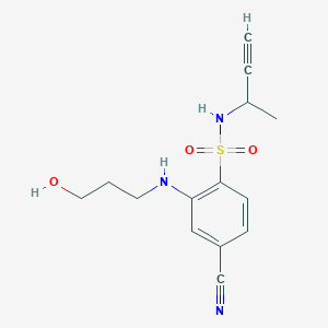 molecular formula C14H17N3O3S B7315139 N-but-3-yn-2-yl-4-cyano-2-(3-hydroxypropylamino)benzenesulfonamide 