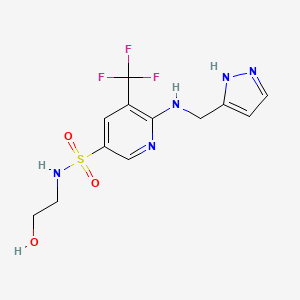 molecular formula C12H14F3N5O3S B7315225 N-(2-hydroxyethyl)-6-(1H-pyrazol-5-ylmethylamino)-5-(trifluoromethyl)pyridine-3-sulfonamide 