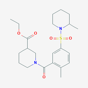 molecular formula C22H32N2O5S B7316260 Ethyl 1-[2-methyl-5-(2-methylpiperidin-1-yl)sulfonylbenzoyl]piperidine-3-carboxylate 