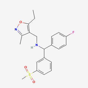 molecular formula C21H23FN2O3S B7316341 N-[(5-ethyl-3-methyl-1,2-oxazol-4-yl)methyl]-1-(4-fluorophenyl)-1-(3-methylsulfonylphenyl)methanamine 