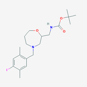 molecular formula C20H31IN2O3 B7317015 tert-butyl N-[[4-[(4-iodo-2,5-dimethylphenyl)methyl]-1,4-oxazepan-2-yl]methyl]carbamate 