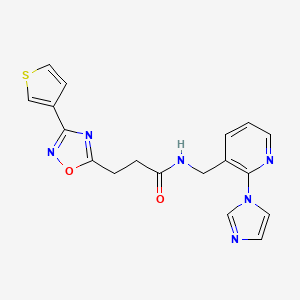 molecular formula C18H16N6O2S B7317914 N-[(2-imidazol-1-ylpyridin-3-yl)methyl]-3-(3-thiophen-3-yl-1,2,4-oxadiazol-5-yl)propanamide 