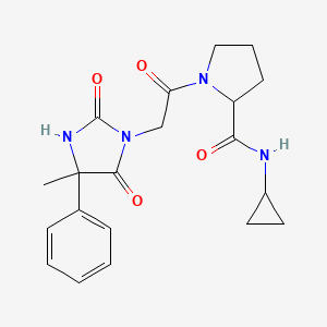 molecular formula C20H24N4O4 B7318100 N-cyclopropyl-1-[2-(4-methyl-2,5-dioxo-4-phenylimidazolidin-1-yl)acetyl]pyrrolidine-2-carboxamide 