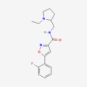 molecular formula C17H20FN3O2 B7318768 N-[(1-ethylpyrrolidin-2-yl)methyl]-5-(2-fluorophenyl)-1,2-oxazole-3-carboxamide 