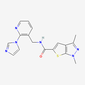 molecular formula C17H16N6OS B7319381 N-[(2-imidazol-1-ylpyridin-3-yl)methyl]-1,3-dimethylthieno[2,3-c]pyrazole-5-carboxamide 