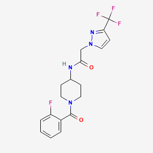 molecular formula C18H18F4N4O2 B7319704 N-[1-(2-fluorobenzoyl)piperidin-4-yl]-2-[3-(trifluoromethyl)pyrazol-1-yl]acetamide 