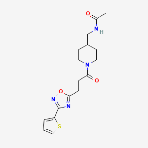 molecular formula C17H22N4O3S B7320007 N-[[1-[3-(3-thiophen-2-yl-1,2,4-oxadiazol-5-yl)propanoyl]piperidin-4-yl]methyl]acetamide 