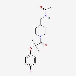 molecular formula C18H25FN2O3 B7320029 N-[[1-[2-(4-fluorophenoxy)-2-methylpropanoyl]piperidin-4-yl]methyl]acetamide 